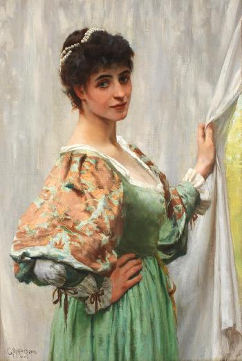 The lady behind the curtain by 
																	George Percy Jacomb-Hood