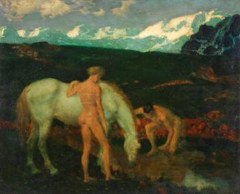 Horse and two nudes in a mountain landscape by 
																	Theodor Baierl