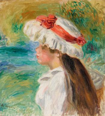 Tte de jeune fille coiffe d'un chapeau de jardin by 
																	Pierre-Auguste Renoir