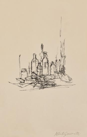 Sculptures et bouteilles sur la table de l'atelier by 
																	Alberto Giacometti