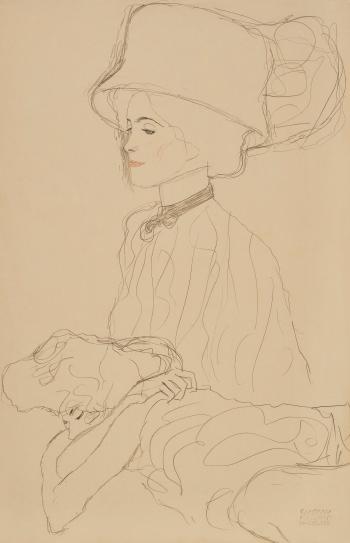 Bildnisskizze mit hohem Hut und liegende Frau by 
																	Gustav Klimt