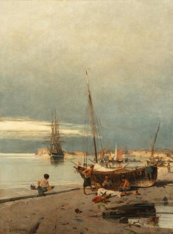 A Greek harbor by 
																	Constantinos Volanakis