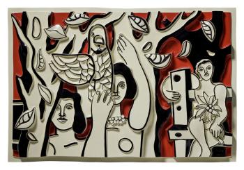 Les Femmes au perroquet sur fond rouge by 
																	Fernand Leger
