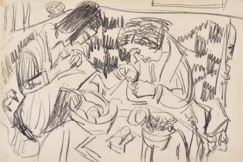 Zwei nhende Frauen am Tisch (Two Women Sewing at the Table) by 
																	Ernst Ludwig Kirchner