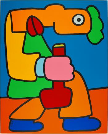 I look at the bottle and notice that the colour of the wine is gently reflected on part of my face by 
																	Thierry Noir