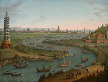 A capriccio with the French Ambassador approaching the King of Siams Palace in a state barge, in October , featuring the White Porcelain Pagoda, from Nanjing, China, on the left by 
																	Antonio Joli