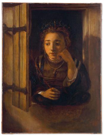 A girl at a window by 
																	Rembrandt Harmensz van Rijn