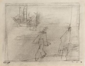 Three Figures on the Shore, Sailing Ship and Boat & Study of Steamer Ship by 
																	Lyonel Feininger