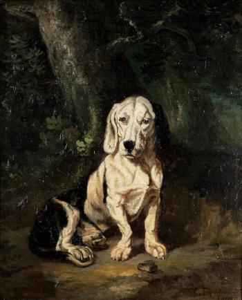 A seated Basset Hound by 
																	Constant Troyon