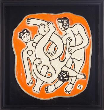 Les acrobates sur fond orange by 
																	Fernand Leger