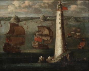 Manofwars and other vessels before the Eddystone lighthouse by 
																	Isaac Sailmaker