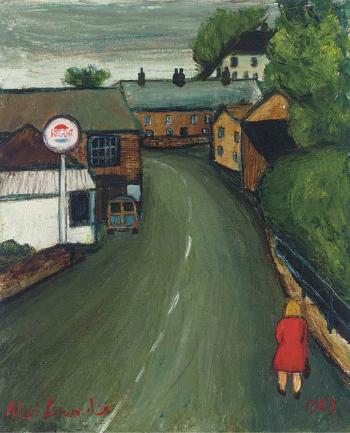 Cornish village with artist's Morris 1000 traveller by 
																	Alan Lowndes