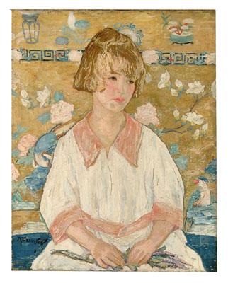 Portrait of a young girl in an elaborate Oriental style background by 
																	Maurice Fromkes