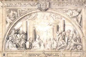 Annunciation, with God the Father flanked by four allegorical figures by 
																	Martin Freminet