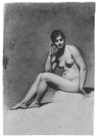 Seated female nude, her head turned to right and caricature study of her head by 
																	Pauline Auzou