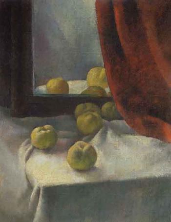 Still life of apples on table by mirror by 
																	Erno Abonyi