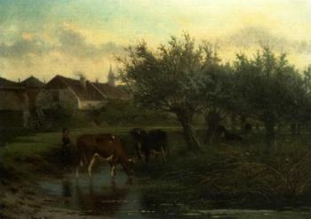 Cowherdess watering cows by willow trees by 
																	Jan Vrolyk