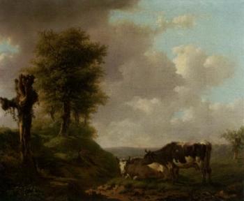Hilly landscape with a cowherd and his cattle by 
																	Adolphe Charles Maximilien Engel