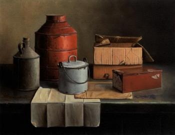 Still life with a cask, pan, two boxes and an envelope on a ledge by 
																	Piet Gutter