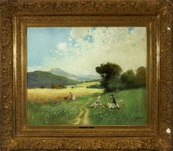 Picnic in the meadowlands, mountains beyond by 
																	Gyula Zorkoczy