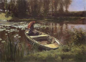 Female angler on lily pond by 
																	Henri Saintin
