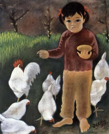 Young girl feeding chickens by 
																	 Dao Si Chu