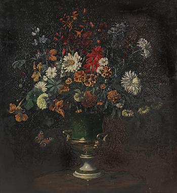 Herbstblumenstrauß in grüner Vase. by 
																	Camille Macklot