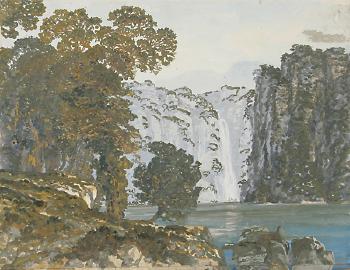 Landschaft mit Wasserfall. by 
																	Franz Waldraff