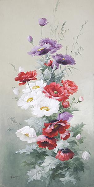 Blumenstilleben mit rotem, weißem und lilafarbenem Mohn. by 
																	Emilie Vouga