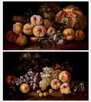 Squash, peaches, plums and grapes on a stone. Grapes, peaches and apriL18cots on the ground by 
																	Michele di Campidoglio