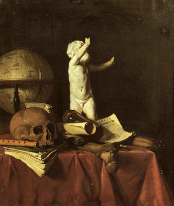 Vanitas with a sculpture of a putto, a globe, a skull, a bone, an hourL24glass, a flute and books by 
																	Jan Fris