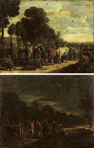Fire: soldiers assembled around carriage. Earth: elegant figures at market by 
																	Govaert Jansz