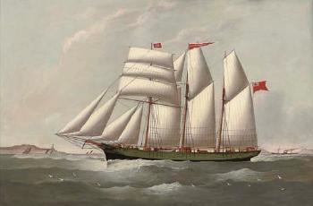 Three-masted topsail schooner Ellen Wignall under full sail in coastal waters by 
																	John Rawcliffe