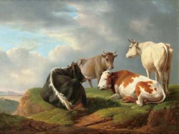 Cattle in a sunlit field by 
																	Alexander Johann Dallinger von Dalling