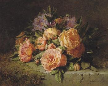 Pink roses and rhododendrons on a marble ledge by 
																	Adriana Haanen