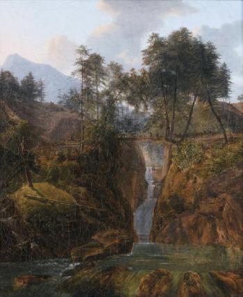 Paysage de hautes montagnes avec cascade by 
																	Alexandre Louis Robert Millin Duperreux