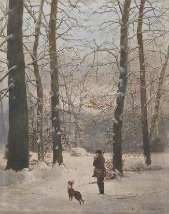 Chassuer et son chien en hiver by 
																	Jan Jakob Croegaert van Bree