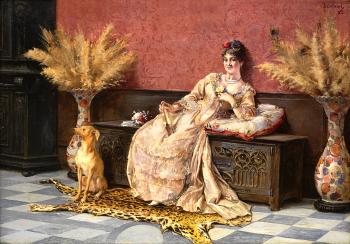 Retrato de dama recostada sobre un arcón, acompañada por su perrito by 
																	Enrique Cabral y Llano