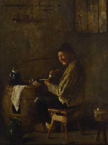 Bauer beim Stopfen einer Pfeife by 
																	Gustav Majer