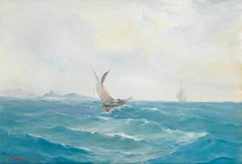 Fishing boat with schooner off the coast by 
																	Leon Kalogeropoulos