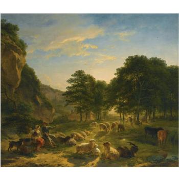 Shepherds and their flock resting in a landscape by 
																	Balthasar Paul Ommeganck