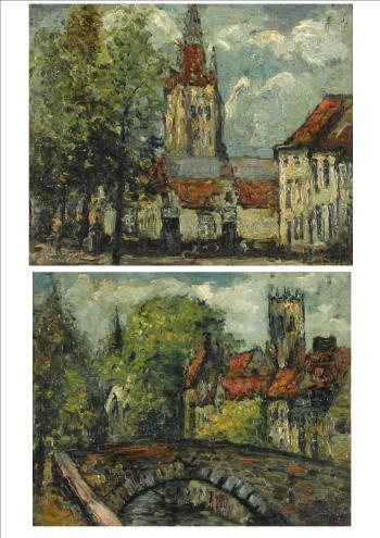 Belgian canal scene with a stone bridge in the foreground. Street scene in Bruges with houses and a church beside trees by 
																	Louis de Vocm