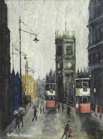 Manchester cathedral from Deansgate by 
																	Arthur Delaney