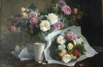 Bouquets de fleurs sur un entablement by 
																	Joseph Jubreaux