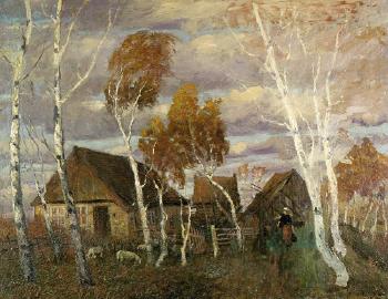 Herbstliche Landschaft mit Birken bei einem Bauergehoft by 
																	Adolf Obst