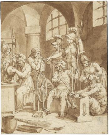 Athena und ihre Gefahrtinnen zu Gast in einem Kerker, in dem einige Kriegshelden weibliche Tatigkeiten verrichten by 
																	Franz Nadorp