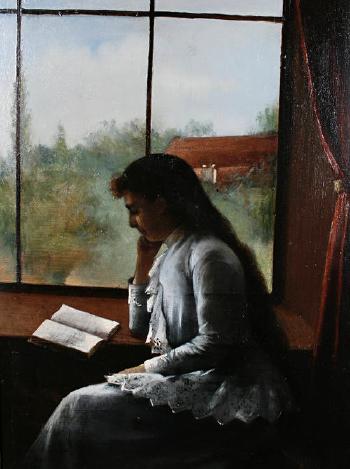 A woman reading in a window by 
																	Amelie Lacazette