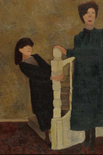 Interior with two figures at the foot of a staircase by 
																	Alan Lambirth
