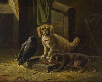 Zwei Hunde und Dohle am Futternapf by 
																	Carl Oswald Rostosky