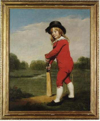 The Red Boy: Portrait of Master McDonough, full-length, in a red jacket and breeches with a black hat, holding a cricket bat, in a wooded landscape by 
																			John Opie